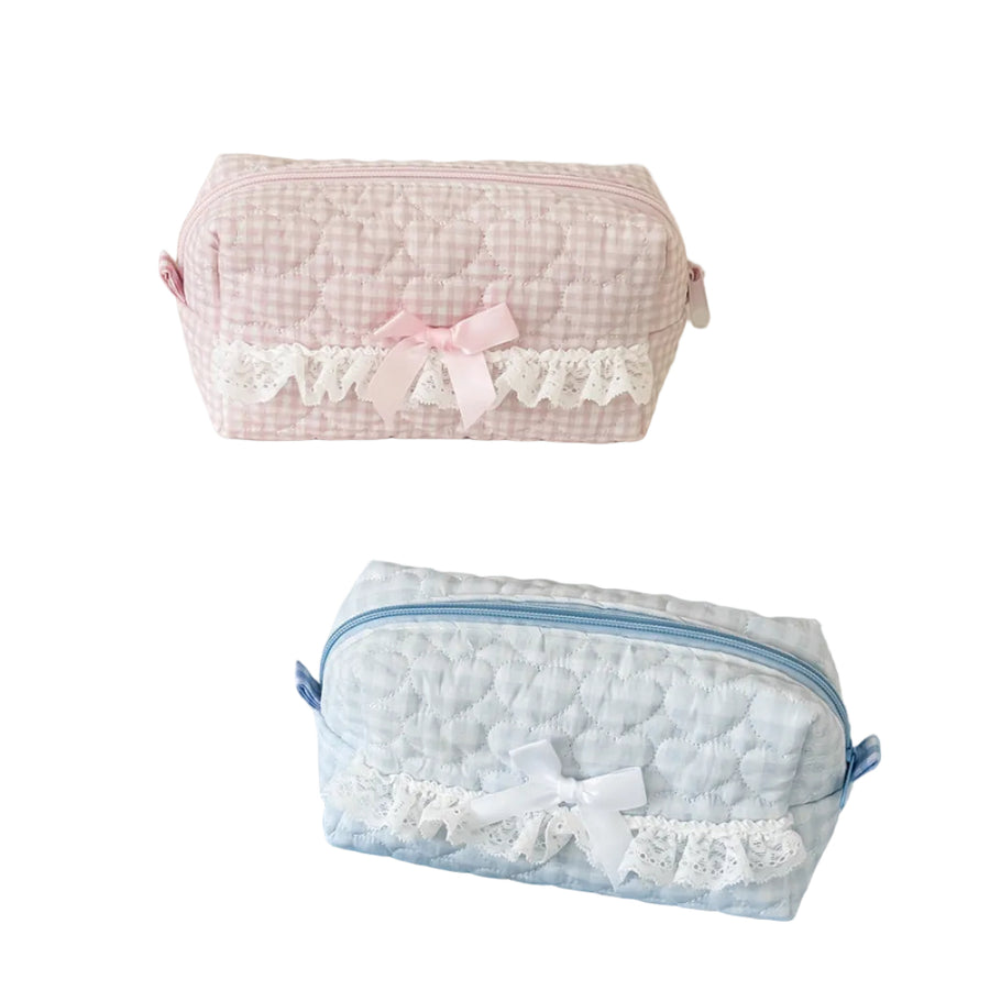 Quilted Plaid Lace-Trim Makeup & Vanity Pouch