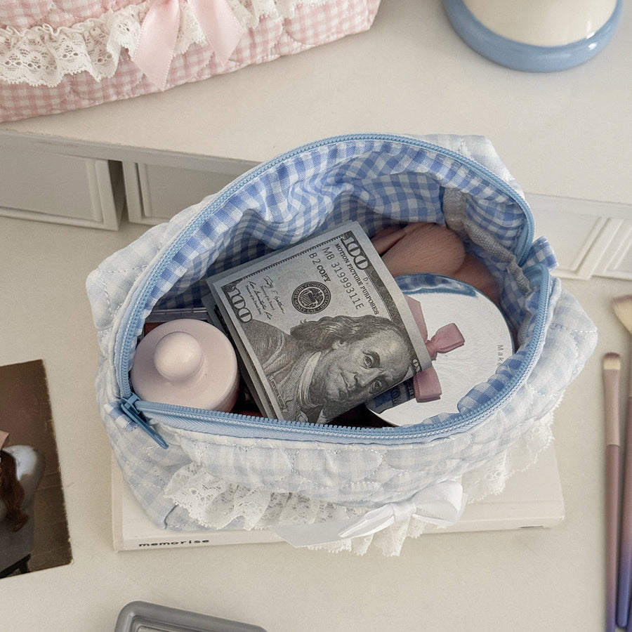 Quilted Plaid Lace-Trim Makeup & Vanity Pouch