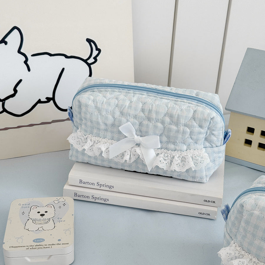 Quilted Plaid Lace-Trim Makeup & Vanity Pouch