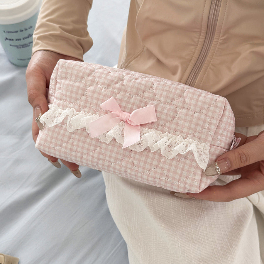 Quilted Plaid Lace-Trim Makeup & Vanity Pouch