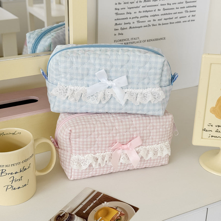 Quilted Plaid Lace-Trim Makeup & Vanity Pouch