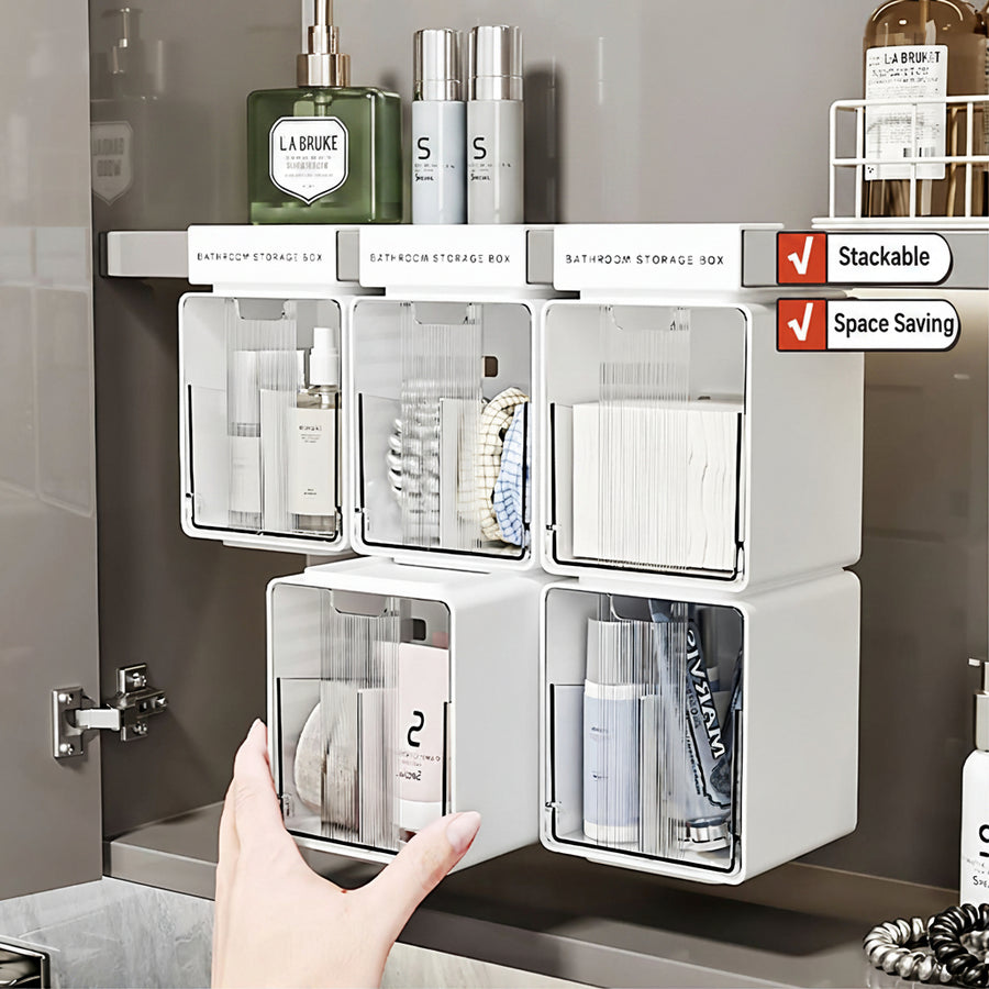 Bathroom Cabinet Storage Rack – Narrow Flip-Lid Organiser, Adhesive or Hook Mount