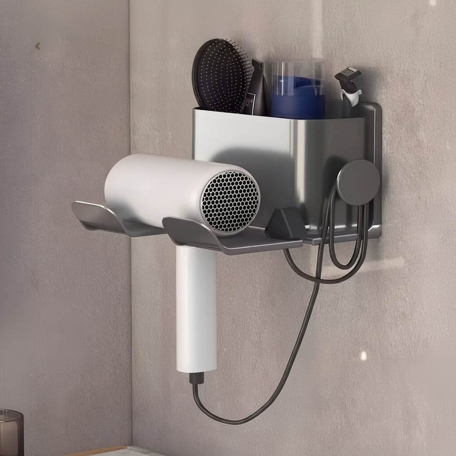 Wall-Mounted Hair Dryer Holder & Bathroom Shelf – No-Drill, PP