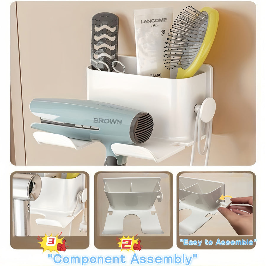 Wall-Mounted Hair Dryer Holder & Bathroom Shelf – No-Drill, PP
