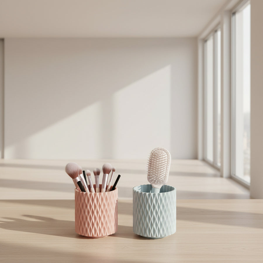 Rotating Dual-Barrel Desktop Organiser – Makeup Brush & Pen Holder, PP