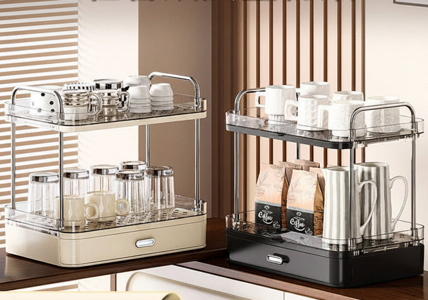 Double-Layer Cup & Mug Storage Rack with Drainage Tray – Kitchen Countertop Organiser
