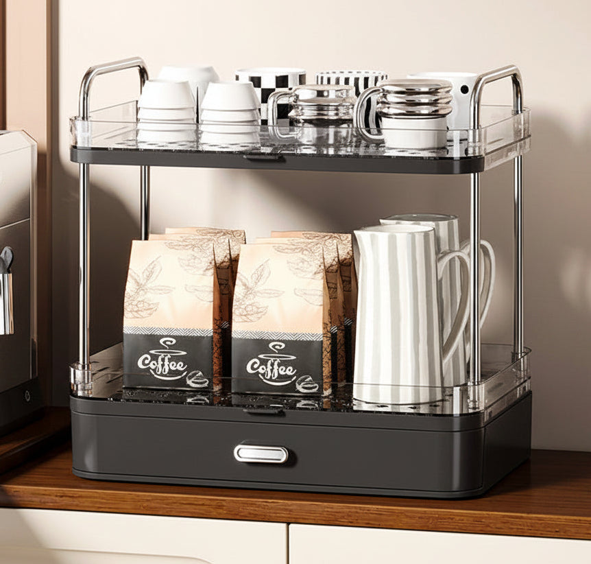 Double-Layer Cup & Mug Storage Rack with Drainage Tray – Kitchen Countertop Organiser