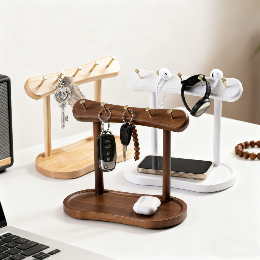 Entryway Key & Jewellery Rack — Solid Wood Wall Hook & Tray Organiser