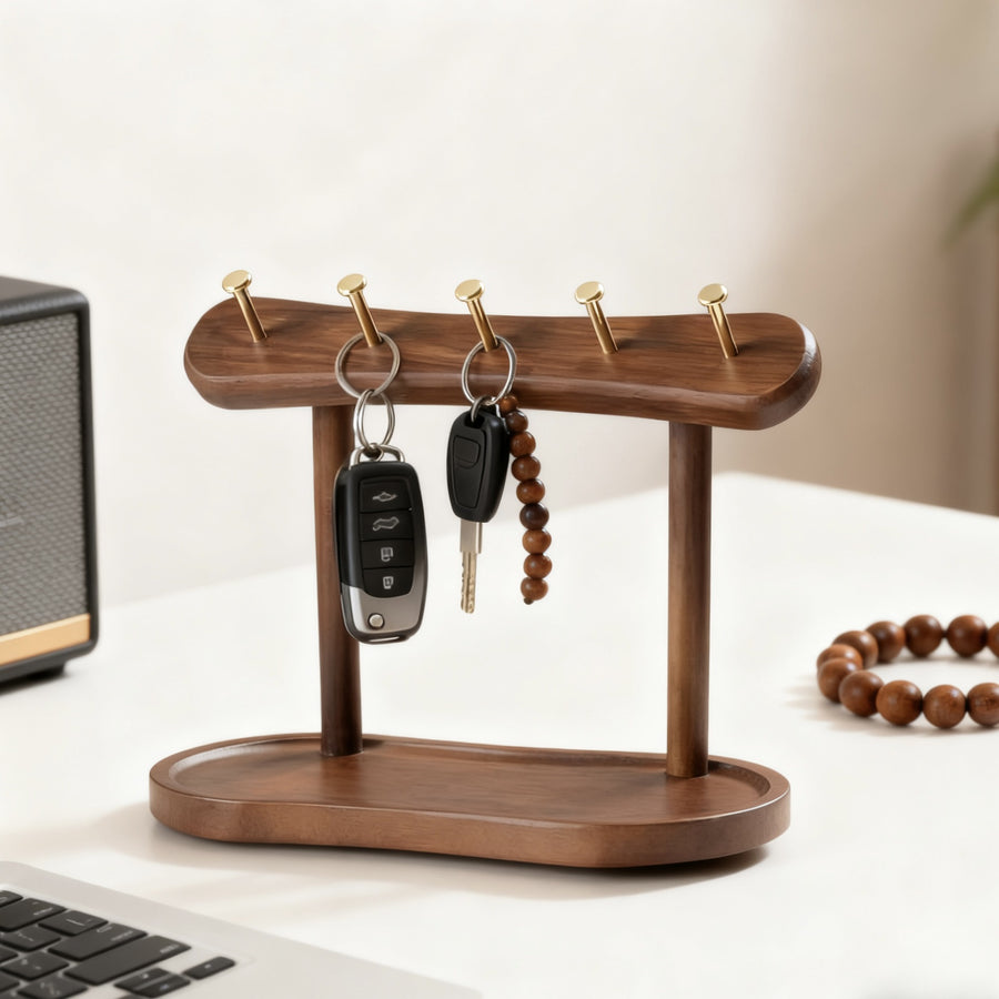 Entryway Key & Jewellery Rack — Solid Wood Wall Hook & Tray Organiser