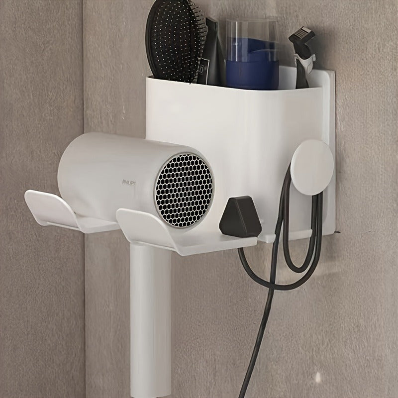 Wall-Mounted Hair Dryer Holder & Bathroom Shelf – No-Drill, PP