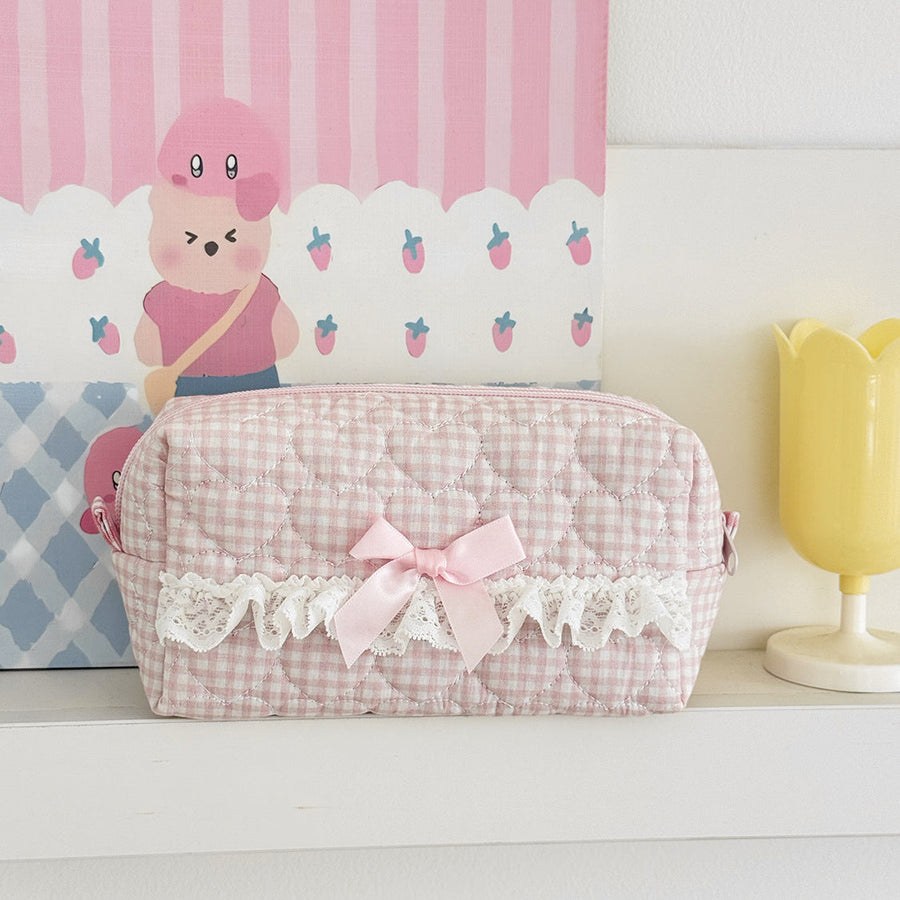 Quilted Plaid Lace-Trim Makeup & Vanity Pouch