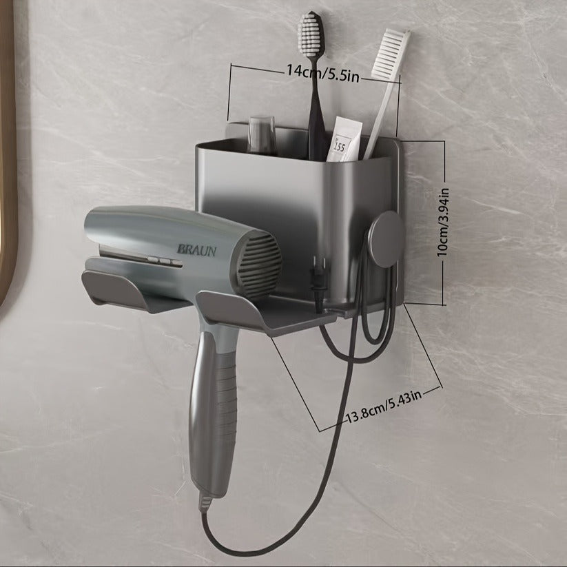 Wall-Mounted Hair Dryer Holder & Bathroom Shelf – No-Drill, PP