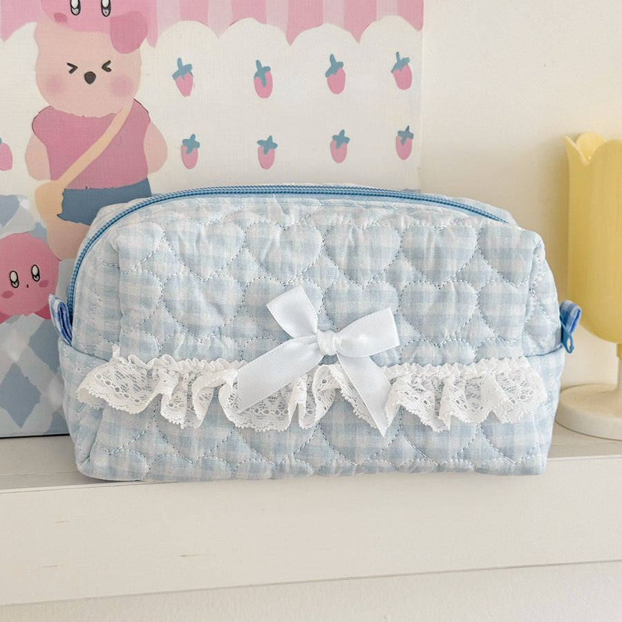 Quilted Plaid Lace-Trim Makeup & Vanity Pouch